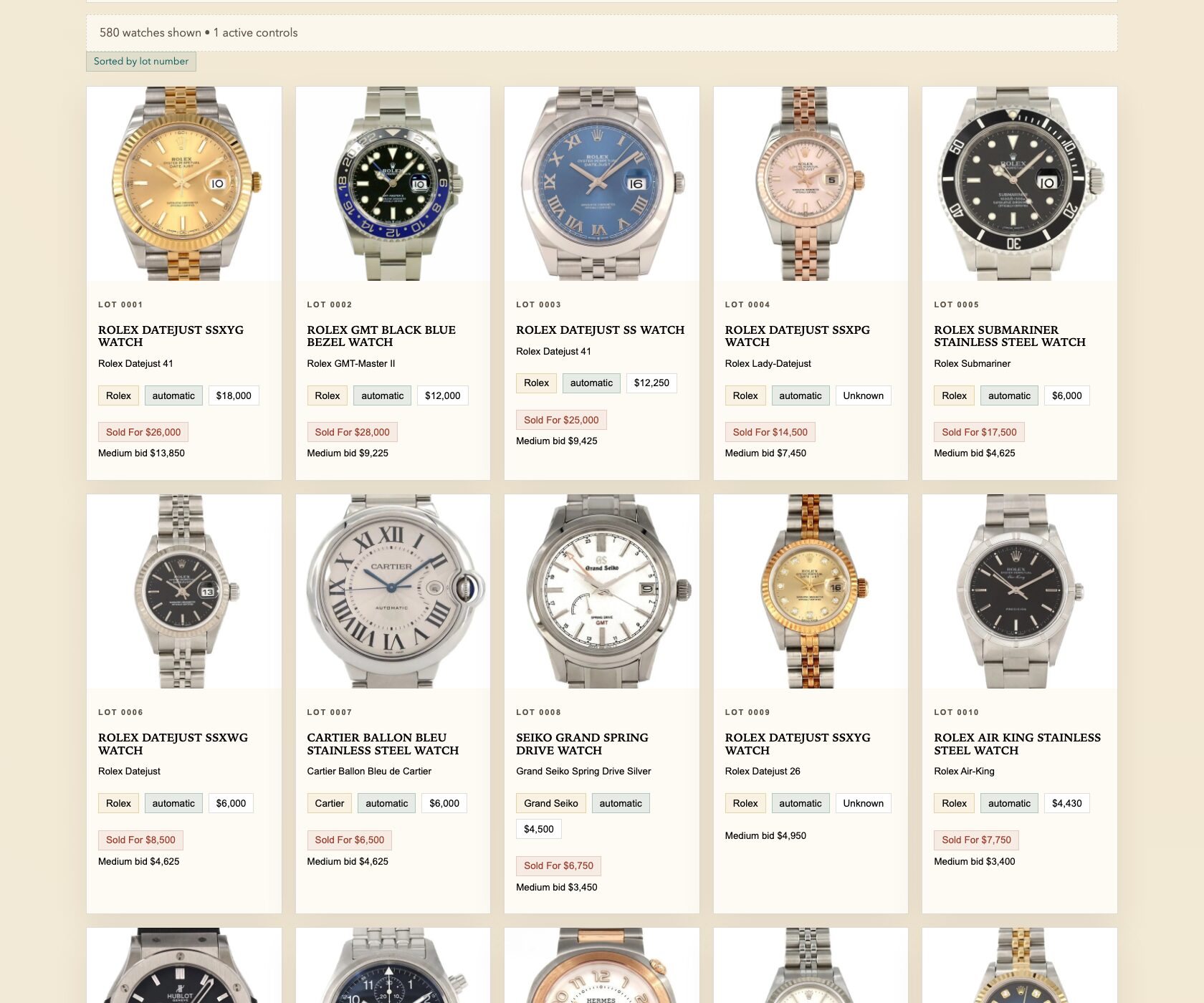 Inventory Explorer grid view showing watch cards with images, brands, and values